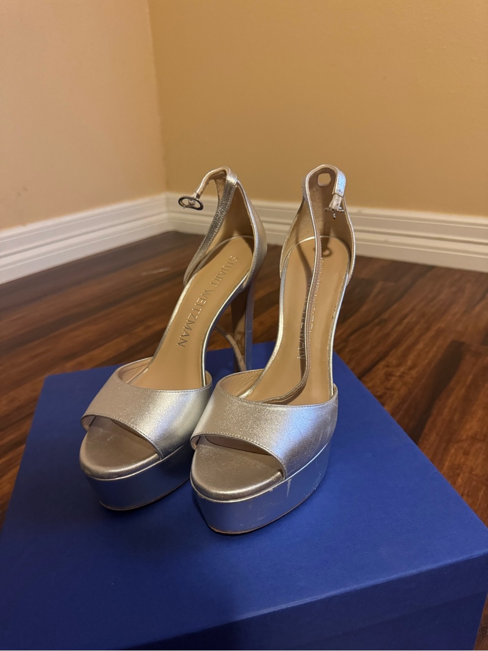 Stuart Weitzman Metallic Silver Platform Ankle-Strap Heels
